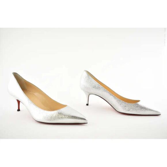 Christian Louboutin Kate 55 Silver Calf Lame Tweed Kitten Low Heel Pump Shoe 37 - Picture 2 of 9